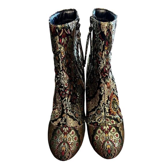Topshop 7.5 Harry Jacquard Ankle Boots Embroidered Brocade Stack Heel Round Toe - Picture 3 of 9